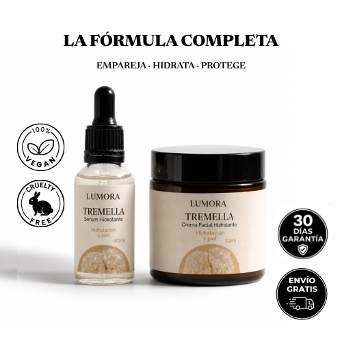 La fórmula completa: sérum y crema Lumora Tremella, 100% vegano y cruelty free, con 30 días de garantía y envío gratis
