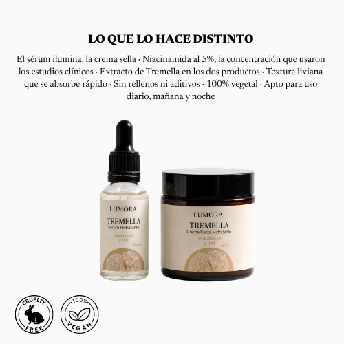 Lo que lo hace distinto: niacinamida al 5%, extracto de Tremella en los dos productos, textura liviana y uso diario