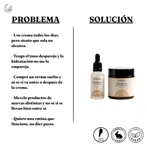 Problema y solución: la crema sola no empareja el tono; el sérum y la crema Lumora Glow trabajan juntos