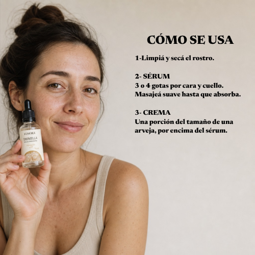 Cómo se usa Lumora Glow: limpiar el rostro, aplicar 3 o 4 gotas de sérum y luego la crema encima