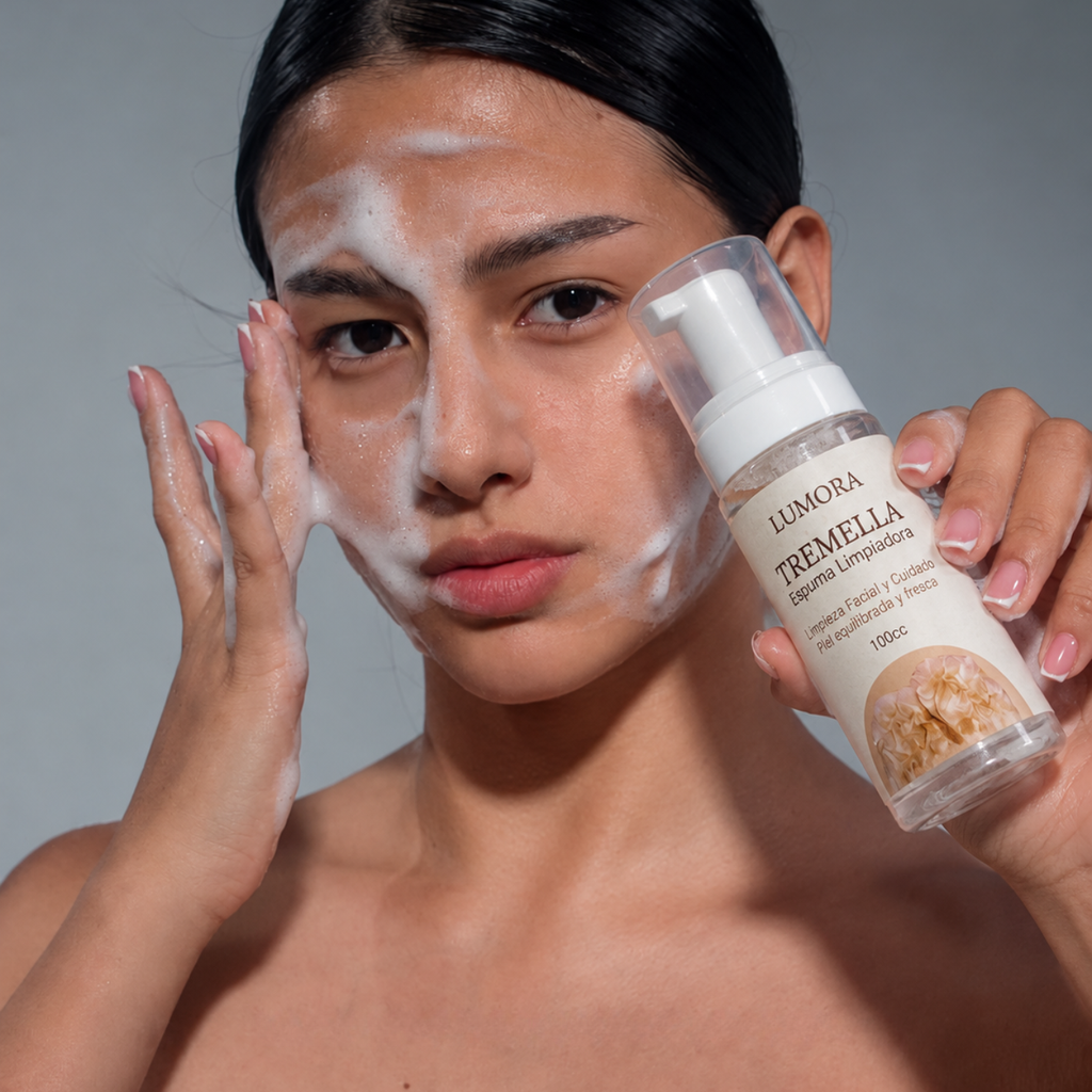 Chica lavándose la cara con la Espuma Limpiadora Tremella